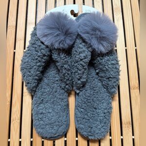 Adorable Gray Fuzzy Faux Fur Slippers with Pom Poms